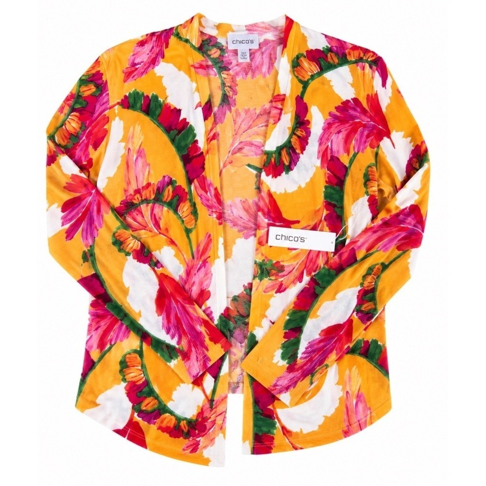 Chicos 4-6 Summer Romance Foliage Topper Cardigan Open Front Light Mango Ice NWT - Picture 3 of 8